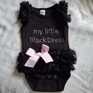 Baby Ganz Girl Bodysuit, 0-6m, Black “My Little Black Dress” pink bow ruffles